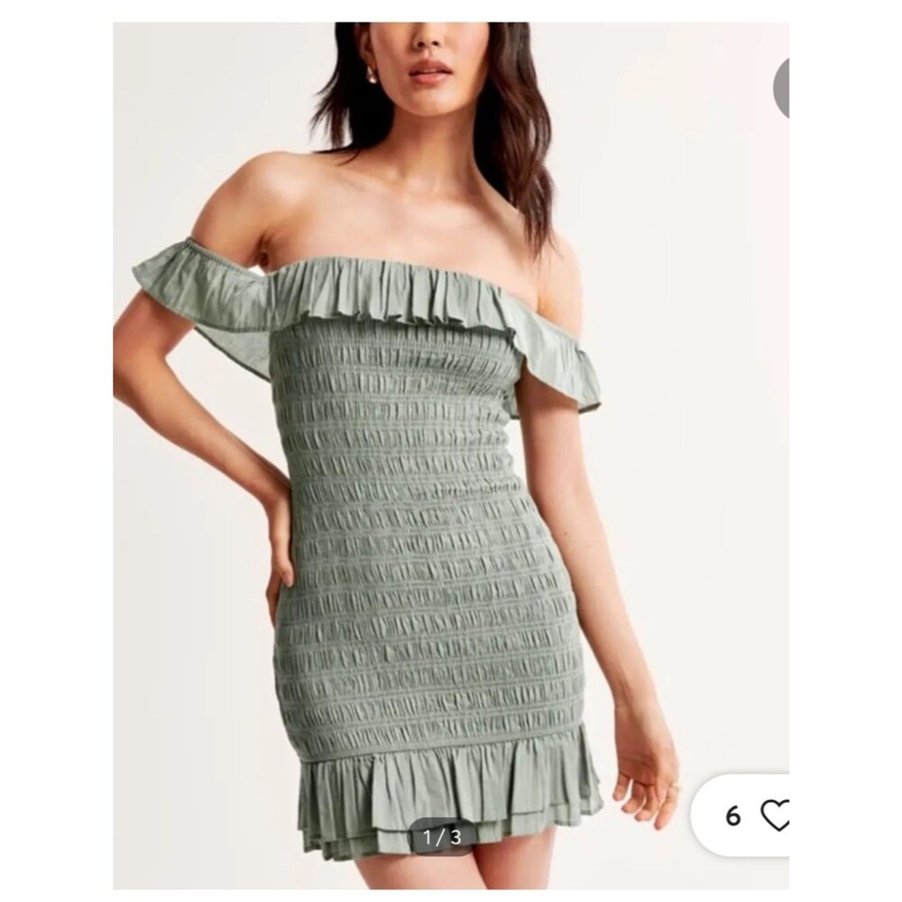 Abercrombie & Fitch Off-the-Shoulder Smocked Mini Green Ruffle Dress XLT Bodycon